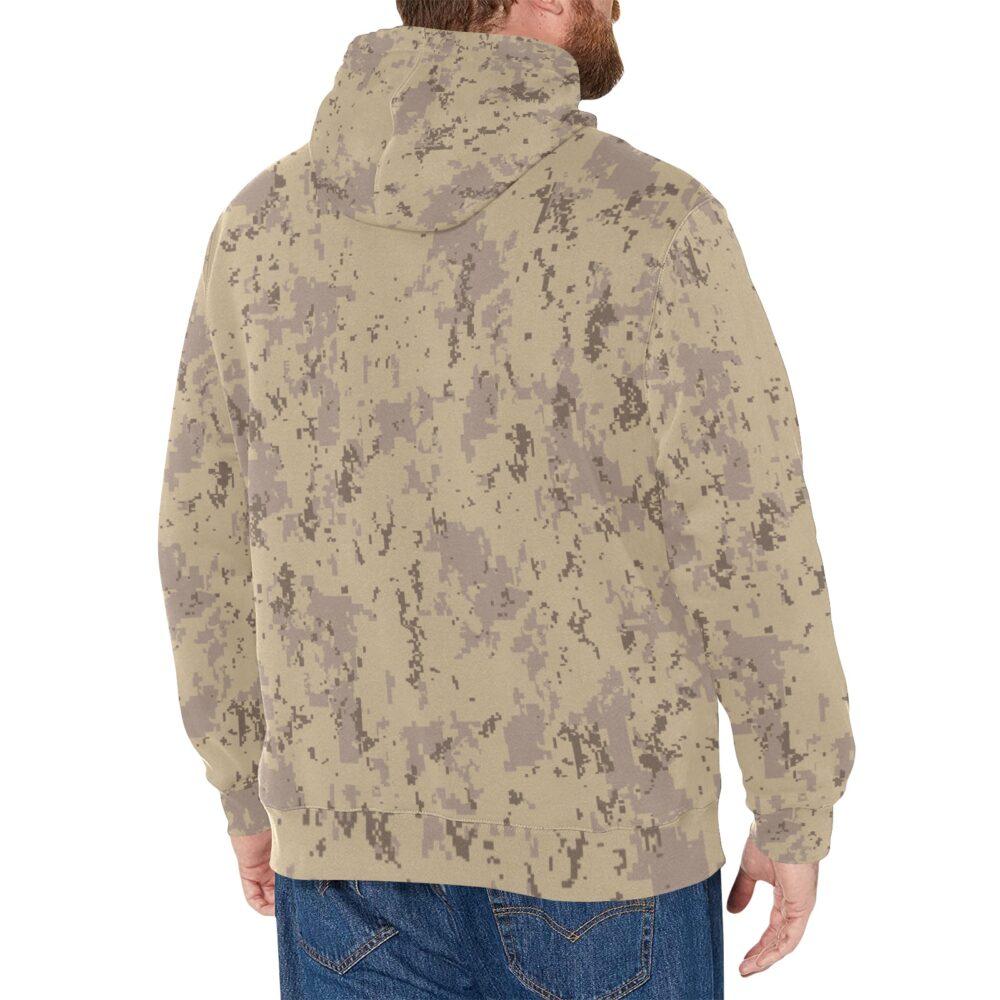 Canadian CADPAT Desert v2 camouflage fleece hoodie worn by a model, back view showing the back of the pattern