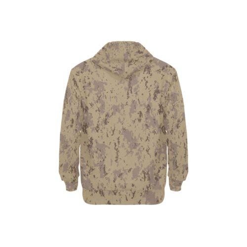 Canadian CADPAT Desert v2 camouflage fleece hoodie, flat back view showing the pattern and ribbed hem