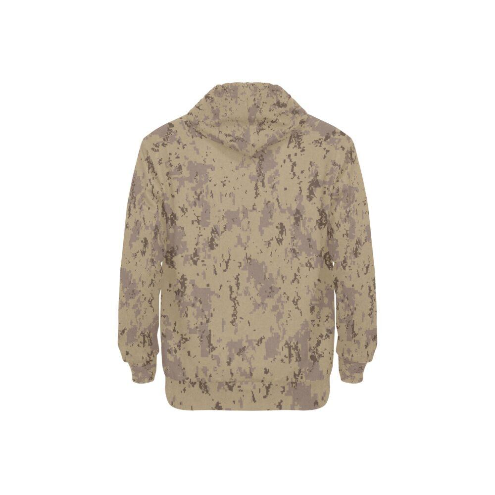 Canadian CADPAT Desert v2 camouflage fleece hoodie, flat back view showing the pattern and ribbed hem