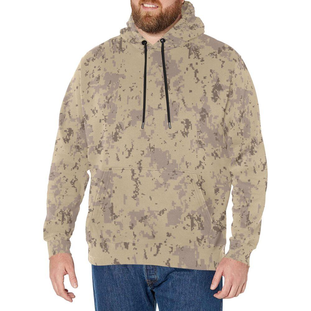 Model wearing the Canadian CADPAT Desert v2 camouflage fleece hoodie, front view with drawstring hood and kangaroo pocket