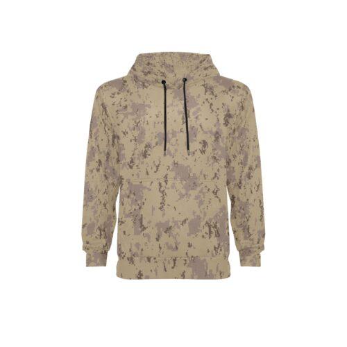 Canadian CADPAT Desert v2 camouflage fleece hoodie, flat front view with drawstrings and kangaroo pocket