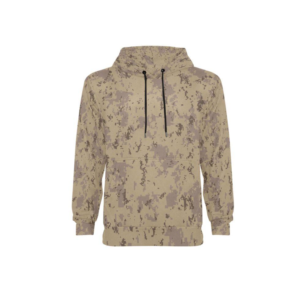 Canadian CADPAT Desert v2 camouflage fleece hoodie, flat front view with drawstrings and kangaroo pocket