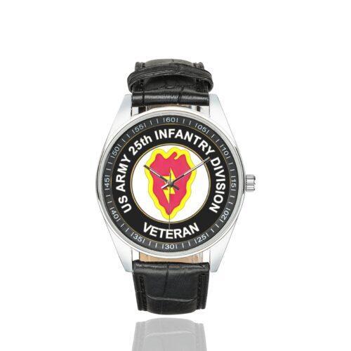 Men's casual watch with a round dial featuring the US Army 25th Infantry Division vet emblem, silver-tone case and black leather strap.