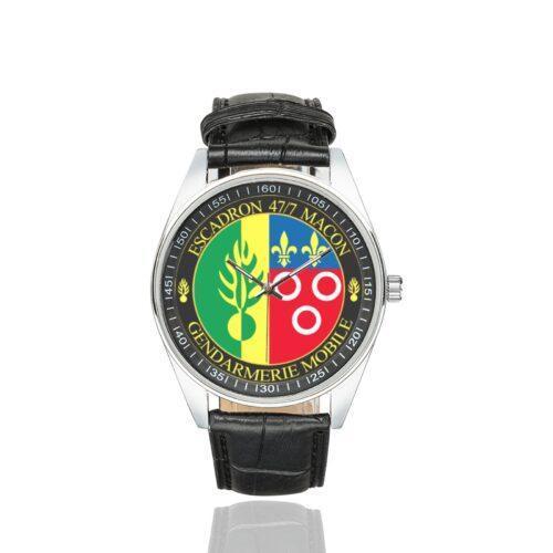 Men's casual watch with a round dial featuring the EGM 47-7 Macon emblem, silver-tone case and black leather strap.