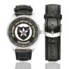 Men's casual watch with a round dial featuring the US Army 2D Infantry Division Veteran emblem, silver-tone case and black leather strap, shown with the strap to the side.
