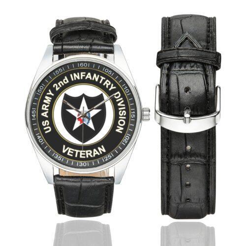 Men's casual watch with a round dial featuring the US Army 2D Infantry Division Veteran emblem, silver-tone case and black leather strap, shown with the strap to the side.