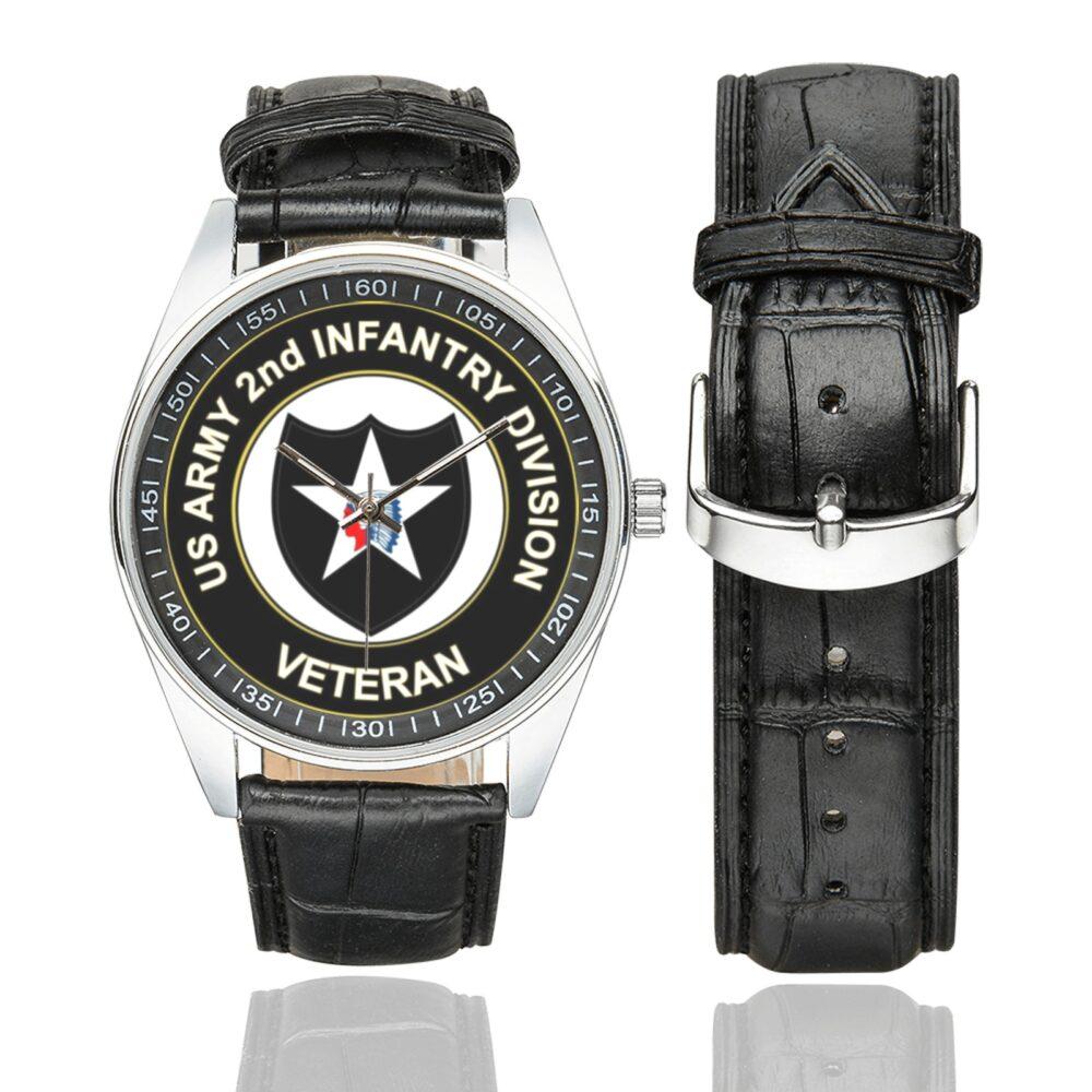 Men's casual watch with a round dial featuring the US Army 2D Infantry Division Veteran emblem, silver-tone case and black leather strap, shown with the strap to the side.