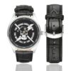 Men's casual watch with a round dial featuring the USAF Tactical Air Control Party emblem, silver-tone case and black leather strap, shown with the strap to the side.