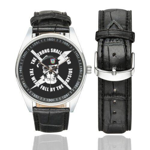 Men's casual watch with a round dial featuring the USAF Tactical Air Control Party emblem, silver-tone case and black leather strap, shown with the strap to the side.