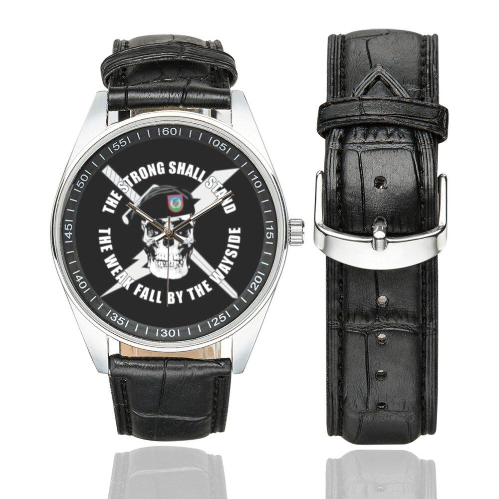 Men's casual watch with a round dial featuring the USAF Tactical Air Control Party emblem, silver-tone case and black leather strap, shown with the strap to the side.