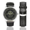 Men's casual watch with a round dial featuring the Israeli National Counter Terror Unit emblem, silver-tone case and black leather strap, shown with the strap to the side.