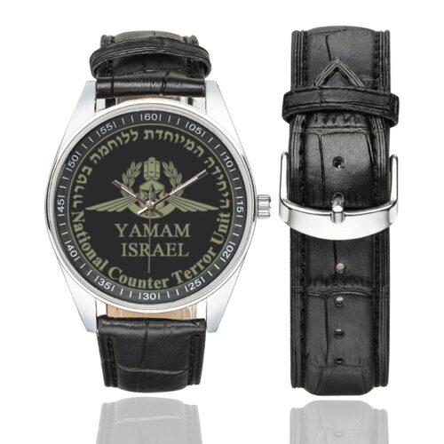 Men's casual watch with a round dial featuring the Israeli National Counter Terror Unit emblem, silver-tone case and black leather strap, shown with the strap to the side.