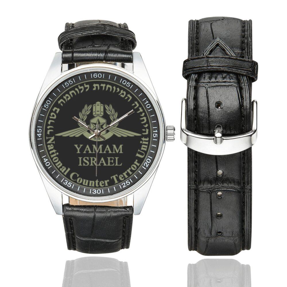 Men's casual watch with a round dial featuring the Israeli National Counter Terror Unit emblem, silver-tone case and black leather strap, shown with the strap to the side.