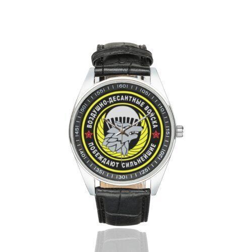 Men's casual watch with a round dial featuring the Russian Military Airborne Recon - Soviet emblem, silver-tone case and black leather strap.