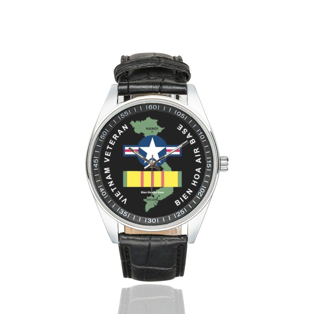 Men's casual watch with a round dial featuring the Vietnam Veteran Bien Hoa emblem, silver-tone case and black leather strap.