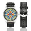 Men's casual watch with a round dial featuring the GGM 1-6 Nimes emblem, silver-tone case and black leather strap, shown with the strap to the side.
