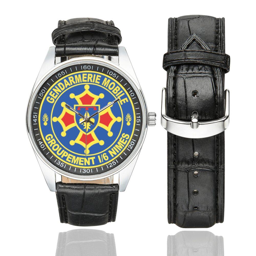 Men's casual watch with a round dial featuring the GGM 1-6 Nimes emblem, silver-tone case and black leather strap, shown with the strap to the side.