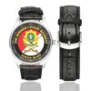 Men's casual watch with a round dial featuring the US Army 2nd Armored Cavalry Regiment v2 emblem, silver-tone case and black leather strap, shown with the strap to the side.