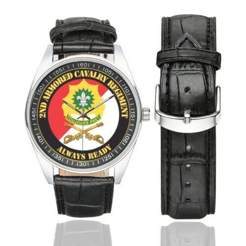 Men's casual watch with a round dial featuring the US Army 2nd Armored Cavalry Regiment v2 emblem, silver-tone case and black leather strap, shown with the strap to the side.