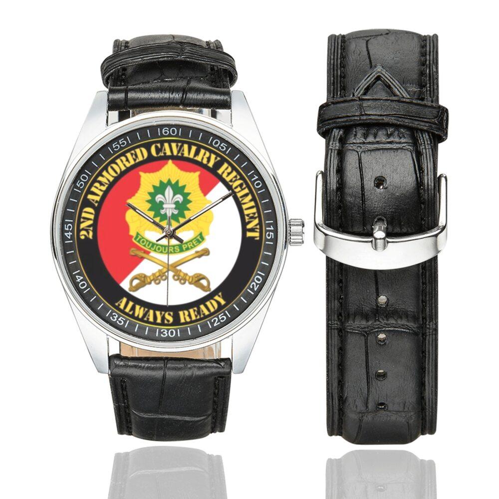 Men's casual watch with a round dial featuring the US Army 2nd Armored Cavalry Regiment v2 emblem, silver-tone case and black leather strap, shown with the strap to the side.
