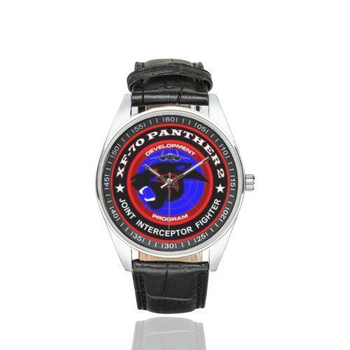 Men's casual watch with a round dial featuring the XF-70 Panthers Joint Interceptor Fighter emblem, silver-tone case and black leather strap.