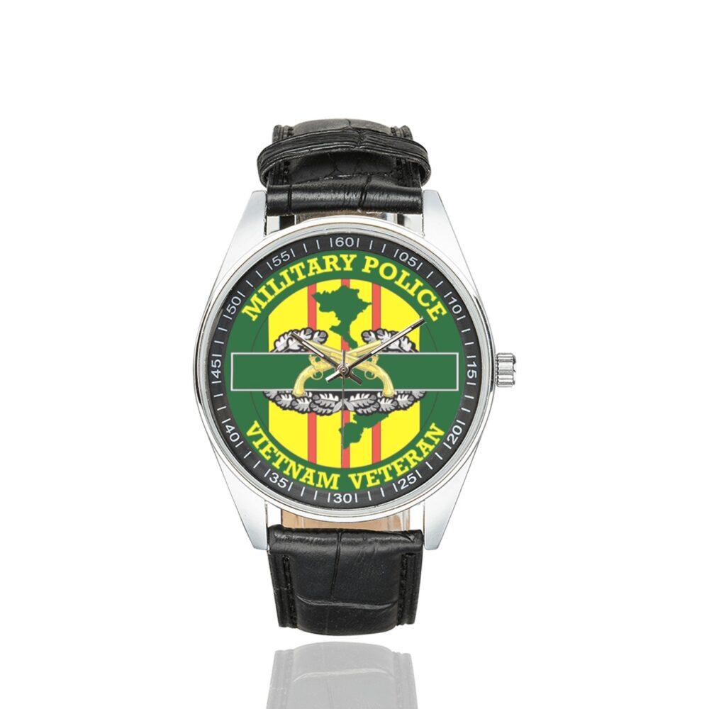 Men's casual watch with a round dial featuring the US Army Military Police Vietnam Veteran emblem, silver-tone case and black leather strap.