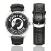 Men's casual watch with a round dial featuring the POW MIA Vietnam Veteran Not Forgotten emblem, silver-tone case and black leather strap, shown with the strap to the side.