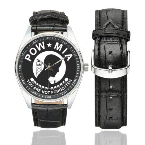 Men's casual watch with a round dial featuring the POW MIA Vietnam Veteran Not Forgotten emblem, silver-tone case and black leather strap, shown with the strap to the side.