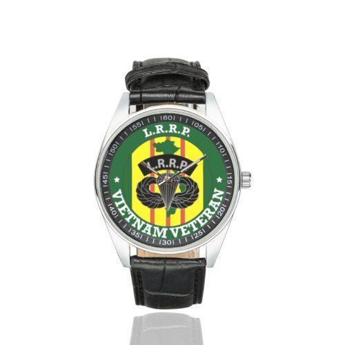 Men's casual watch with a round dial featuring the US Army Airborne Recon Vietnam Veteran emblem, silver-tone case and black leather strap.