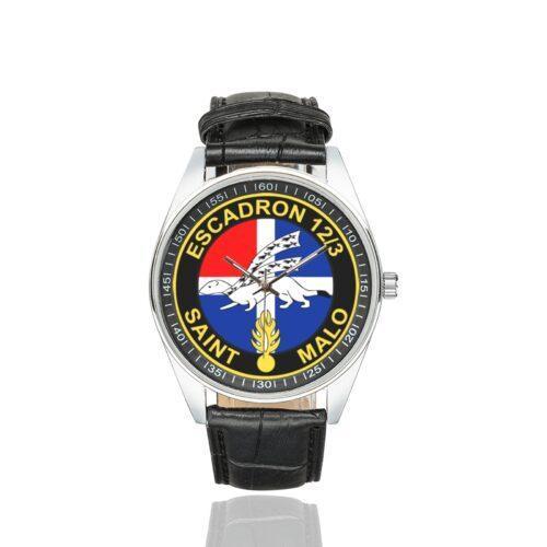 Men's casual watch with a round dial featuring the EGM 12-3 Saint-Malo emblem, silver-tone case and black leather strap.