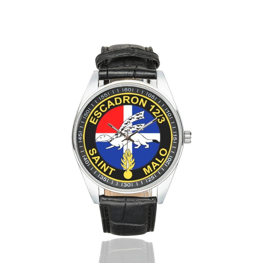 Men's casual watch with a round dial featuring the EGM 12-3 Saint-Malo emblem, silver-tone case and black leather strap.