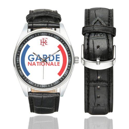 Men's casual watch with a round dial featuring the Garde Nationale emblem, silver-tone case and black leather strap, shown with the strap to the side.