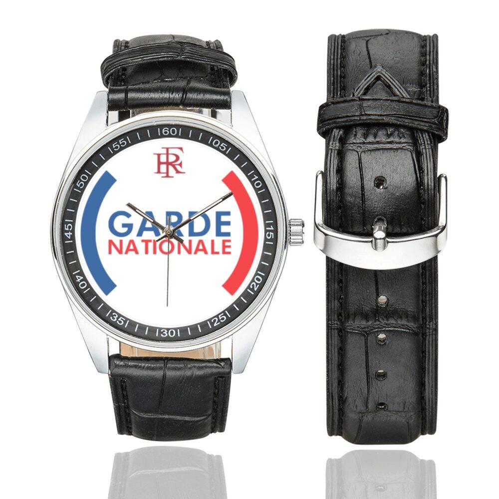 Men's casual watch with a round dial featuring the Garde Nationale emblem, silver-tone case and black leather strap, shown with the strap to the side.