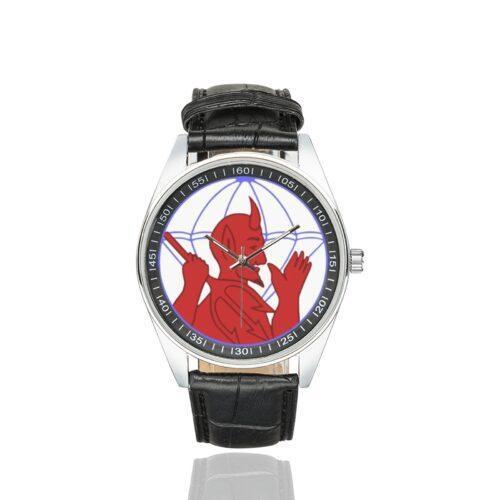 Men's casual watch with a round dial featuring the US Army 504th Parachute Infantry Regiment emblem, silver-tone case and black leather strap.