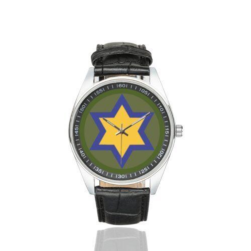 Men's casual watch with a round dial featuring the US 66th Cavalry Division emblem, silver-tone case and black leather strap.