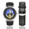 Men's casual watch with a round dial featuring the EG Rochefort emblem, silver-tone case and black leather strap, shown with the strap to the side.