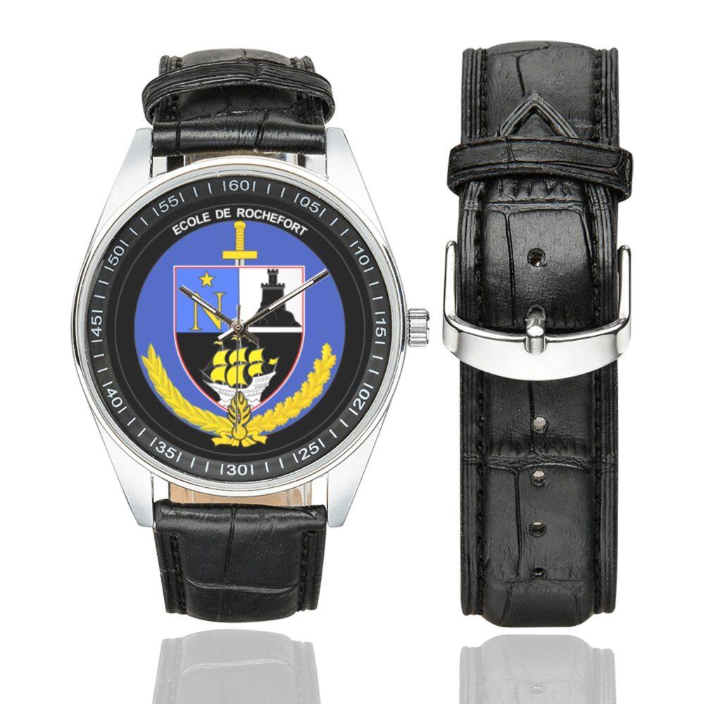 Men's casual watch with a round dial featuring the EG Rochefort emblem, silver-tone case and black leather strap, shown with the strap to the side.
