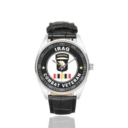 Men's casual watch with a round dial featuring the US Army 101st Airborne Division Combat Veteran emblem, silver-tone case and black leather strap.