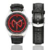 Men's casual watch with a round dial featuring the 27th Infantry Division SSI emblem, silver-tone case and black leather strap, shown with the strap to the side.