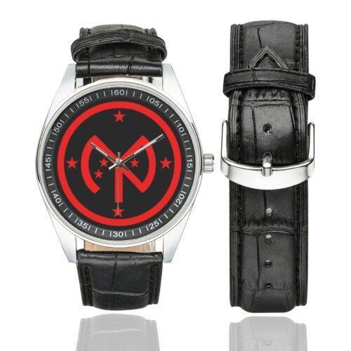 Men's casual watch with a round dial featuring the 27th Infantry Division SSI emblem, silver-tone case and black leather strap, shown with the strap to the side.
