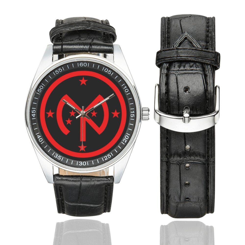 Men's casual watch with a round dial featuring the 27th Infantry Division SSI emblem, silver-tone case and black leather strap, shown with the strap to the side.