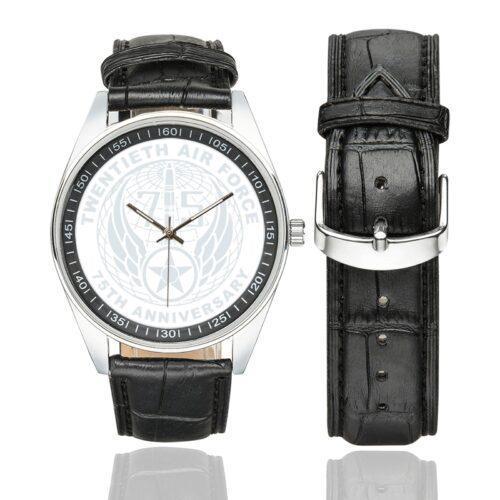Men's casual watch with a round dial featuring the USAF 20th Air Force emblem, silver-tone case and black leather strap, shown with the strap to the side.