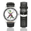 Men's casual watch with a round dial featuring the Vietnam Veteran 82nd Airborne emblem, silver-tone case and black leather strap, shown with the strap to the side.