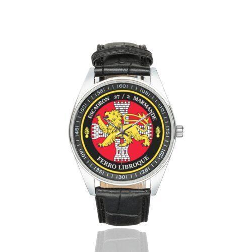 Men's casual watch with a round dial featuring the EGM 27-2 Marmande emblem, silver-tone case and black leather strap.