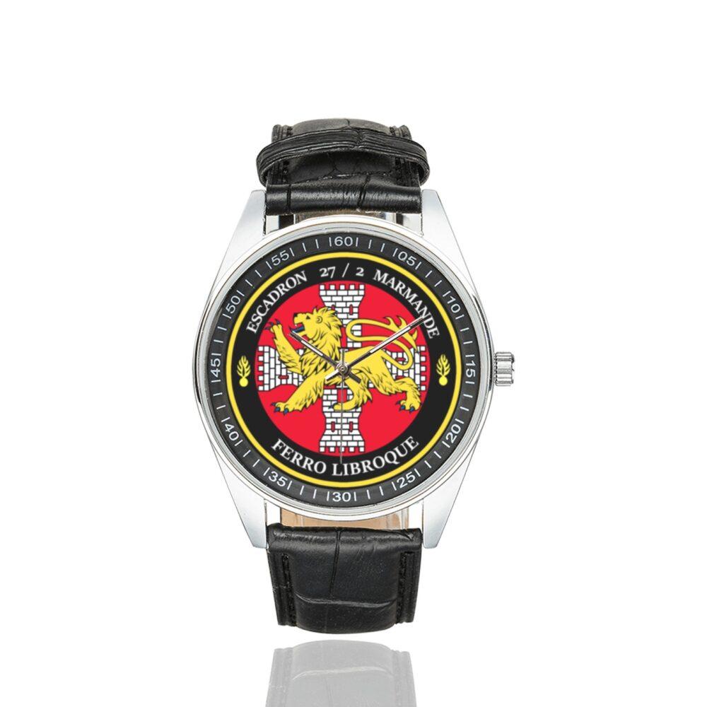 Men's casual watch with a round dial featuring the EGM 27-2 Marmande emblem, silver-tone case and black leather strap.