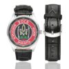 Men's casual watch with a round dial featuring the Ukraine Volyn 2nd Separate Rifle Battalion emblem, silver-tone case and black leather strap, shown with the strap to the side.