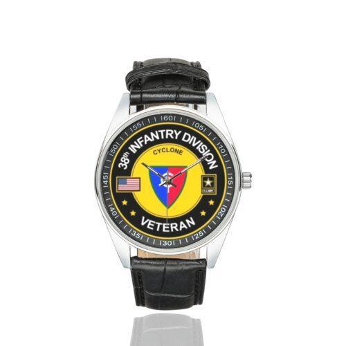 Men's casual watch with a round dial featuring the US Army 38th Infantry Division Veteran emblem, silver-tone case and black leather strap.