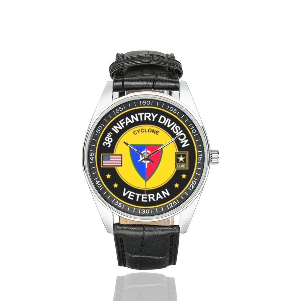 Men's casual watch with a round dial featuring the US Army 38th Infantry Division Veteran emblem, silver-tone case and black leather strap.