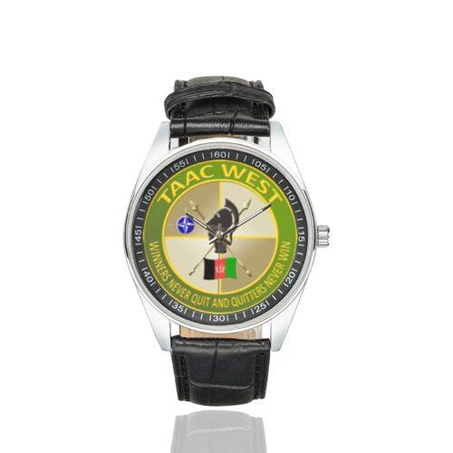 Men's casual watch with a round dial featuring the Train, Advise, and Assist Command - West TAAC-W emblem, silver-tone case and black leather strap.