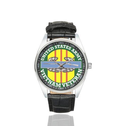 Men's casual watch with a round dial featuring the US Army Combat Infantry Vet Vietnam emblem, silver-tone case and black leather strap.